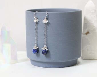 Lapis Lazuli Earrings Sterling Silver, Friend Gift Ideas for Women, Lapis Lazuli Dangle Earrings, Friendship Gifts, Cube Bead Earrings