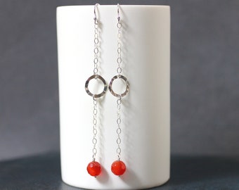 Red Carnelian Earrings, Long Silver Circle Earrings, Bold Color Gemstone Jewelry, Silver Hammered Drop Earrings, Sterling Silver Jewelry