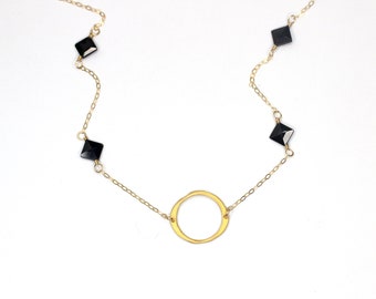 Eternity Circle Necklace, Black Spinel Necklace, Modern Gemstone Jewelry, Dainty Gold Circle Necklace, 30th Birthday GIfts for Women