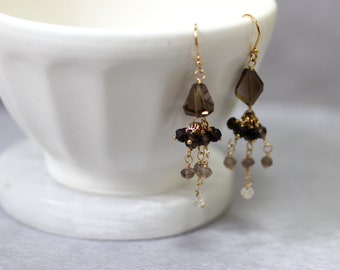 Smoky Quartz Drop Earrings with Semi Precious Stone Cascade are Gold Filled.  Brown Ombre Dainty Crystal Earrings.