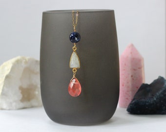 Cherry Quartz Necklace, Crystal Teardrop Necklace, New Job Gift for Her, Sodalite Necklace, Multi Stone Jewelry with Moonstone, Gold Filled