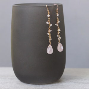 Herkimer Diamond Earrings with Blush Pink Rose Quartz Teardrops.  Mother of the Bride or Mother of the Groom Jewelry. Wedding Jewelry.