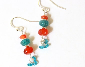 Carnelian Drop Earrings, Apatite Earrings, Bold and Colorful Gemstone Jewelry, Neon Apatite Earrings, Carnelian Bead Earrings, Carved Stones