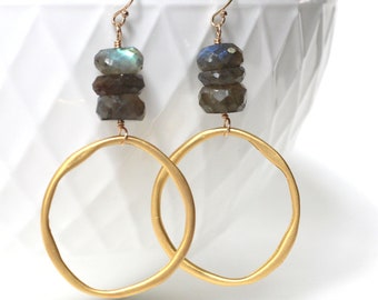 Thick Gold Hoops, Labradorite Earrings Gold, Large Hoop Earrings, Unique Gifts for Sisters, Gold Hoop Statement Earrings, Chunky Jewelry