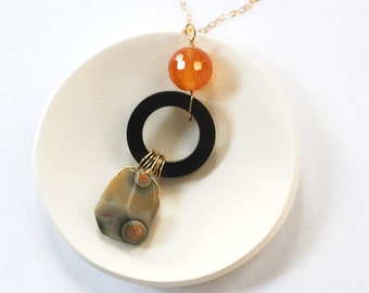 Ocean Jasper Pendant Necklace with Wood or Lucite and Agate Accent, Unique Modern Bohemian Necklace for Women, Boho Chic Necklace