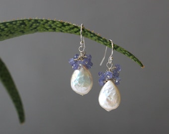 Freshwater Pearl Teardrop Earrings with Tanzanite Clusters.   Something Blue for Bride.  Freshwater Pearl Sterling Silver Drop Earrings.