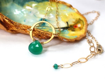 Green Onyx Necklace, Matte Gold Necklace, Gold Filled Gemstone Jewelry, 50th Birthday Gift for Mom, Green Teardrop Pendant