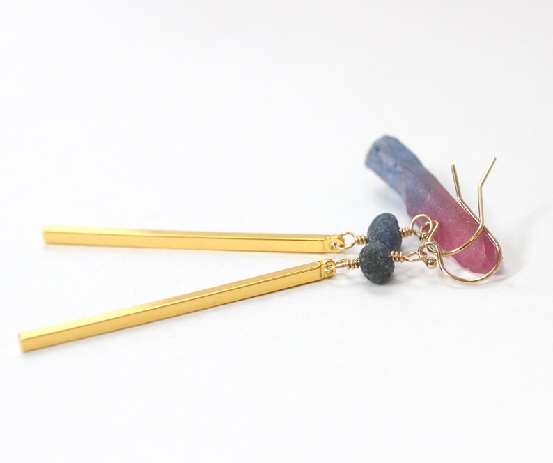 Raw Sapphire Earrings, Long Bar Earrings, Modern Brass Jewelry, Friend Birthday Gift, Raw Stone Earrings, September Birthstone Jewelry image 1