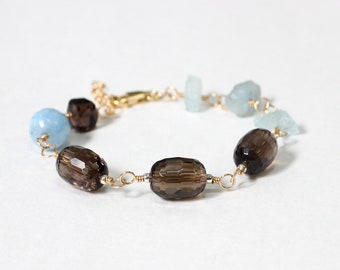 Multi Stone Bracelet, Smokey Quartz Bracelet, Multi Gemstone Jewelry for Women, Handmade Artisan Gifts, Raw Aquamarine Bracelet