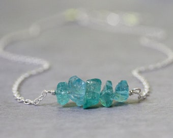 Blue Apatite Necklace, Neon Blue Apatite, Gold or Silver, Raw Crystal Necklace, Healing Jewelry, Raw Gemstone Necklace, Raw Crystal Choker