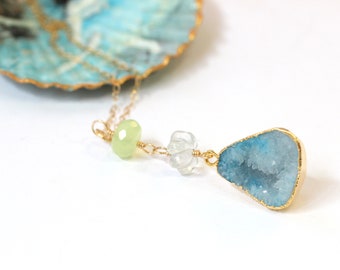 Blue Geode Necklace, Druzy Agate Necklace, Blue and Green Gemstone Jewelry, Turquoise Geode Pendant, Gift for Wife from Husband