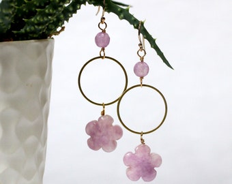 Retro Flower Earrings, Lepidolite Earrings, Purple Gemstone Jewelry, 60s Flower Earrings, Nature Lover Gift, Large Flower Jewelry Set