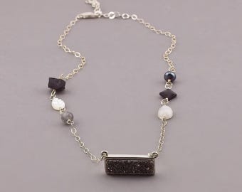 Black Druzy Bar Necklace with Multi Gemstones of Moonstone, Labradorite,  Gray Pearl and Black Tourmaline in Sterling Silver