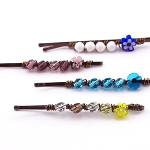 Decorative Bobby Pins in Bold Colors for Small Gift Ideas or Cute Teen Gifts.  Set of 4 Hair Pins with Dainty Flowers.
