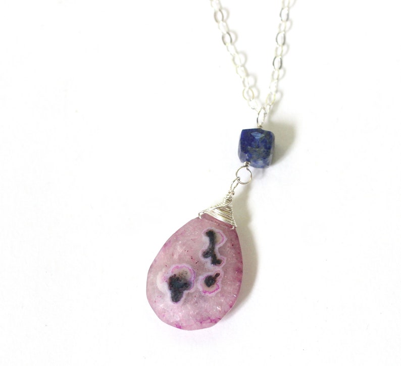 Solar Quartz Necklace, Pink Quartz Pendant, Unique Gifts for Sisters, Lapis Lazuli Sterling Silver Necklace, Teardrop Crystal Necklace image 6