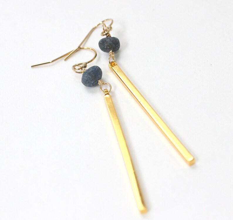 Raw Sapphire Earrings, Long Bar Earrings, Modern Brass Jewelry, Friend Birthday Gift, Raw Stone Earrings, September Birthstone Jewelry image 6