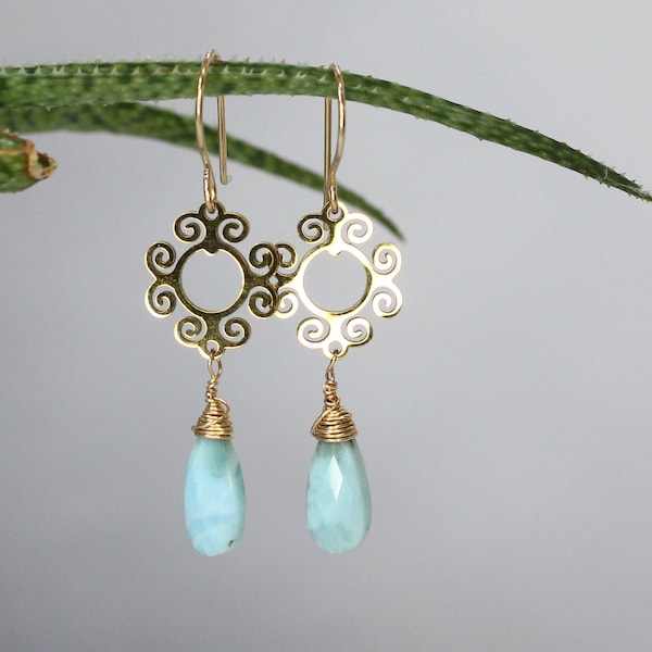 Larimar Drop Earrings, Golden Sun Earrings with Hand Forged Earwires, Blue Crystal Teardrop Earrings, Bohemian Jewelry for Women