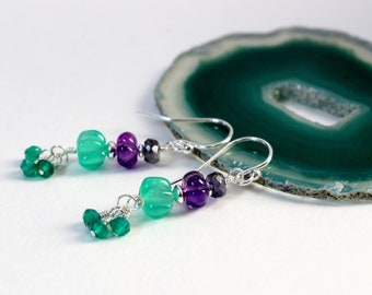 Green Onyx Earrings, Carved Stone Earrings, Colorful Gemstone Jewelry, Multi Stone Earrings, Amethyst and Iolite with Sterling Silver