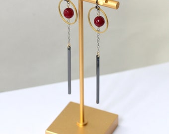 Mixed Metal Earrings Dangle, Red Jade Earrings, Ready to Ship, Unique Piece Jewelry, Edgy Earrings, Gunmetal and Brass Jewelry