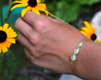 Prehnite Bracelet, Semi Precious Stone Bracelet, Green Carved Stones Gold Filled Chain, Beaded Bracelet for Women, Special Gift for Sister