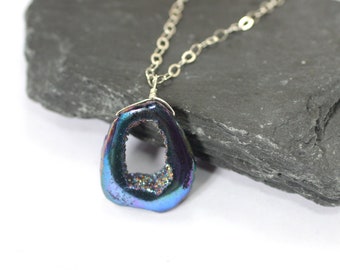 Titanium Quartz Necklace, Veri Peri Pantone Color, Titanium Pendant, Purple Stone Jewelry, Titanium Druzy Aura, Open Geode
