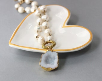 Geode Statement Necklace, White Geode Necklace, Antique Gold Gemstone Jewelry, Gift for Mom from Son, Gold Geode Necklace