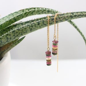 Watermelon Tourmaline Earrings, Ear Threads, Gemstone Threader Earrings, Gold Filled, Colorful Bead Earrings, October Birthstone Jewelry image 3