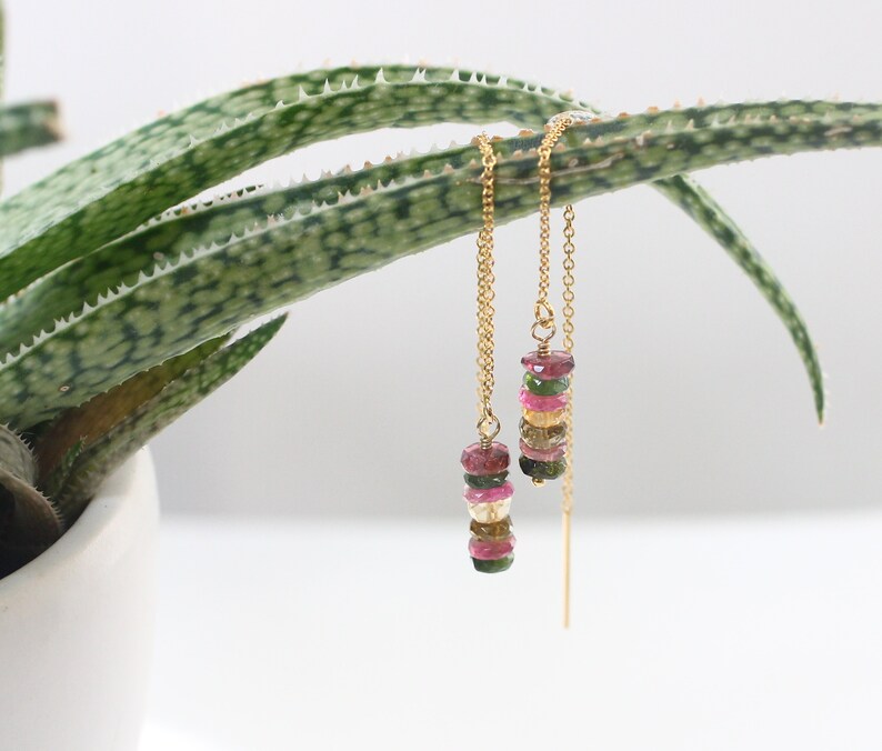 Watermelon Tourmaline Earrings, Ear Threads, Gemstone Threader Earrings, Gold Filled, Colorful Bead Earrings, October Birthstone Jewelry image 3