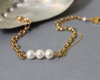 Gold Filled Pearl Bracelet, Modern Pearl Jewelry, Freshwater Pearl Chain Bracelet, Gift from Husband, Asymmetrical Bracelet