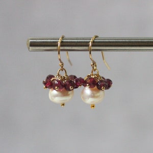 Freshwater Pearl Earrings with Garnet or Amethyst Clusters on Gold Filled Earwires. Gift for Mom from Daughter or Son.