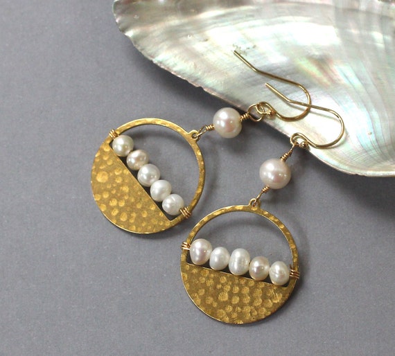 Cultured Freshwater Pearl Earrings with Antiqued Hammered Drop Sterling Silver Cultured Freshwater Pearl Earrings with Antiqued Hammered Drop Sterling Silver