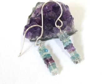 Fluorite Earrings, Rainbow Fluorite, Ombre Earrings, Crystal Healing Jewelry, Dainty Gemstone Jewelry, Semi Precious Stone Earrings