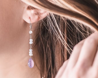 Moonstone Drop Earrings, Blush Pink Earrings, June Birthstone Jewelry, 30th Birthday Gift Daughter, Dainty Teardrop Earrings