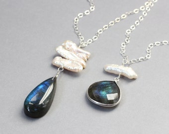 Large Labradorite and Biwa Pearl Necklace on Sterling Silver Chain,  Handmade Artisan Jewelry, Labradorite Crystal Necklace