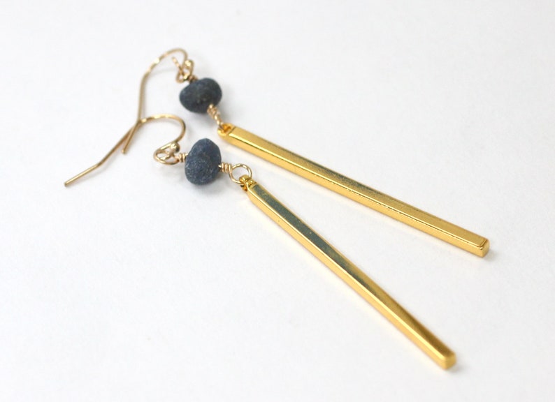 Raw Sapphire Earrings, Long Bar Earrings, Modern Brass Jewelry, Friend Birthday Gift, Raw Stone Earrings, September Birthstone Jewelry image 3