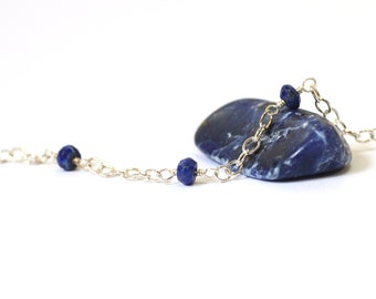 Lapis Lazuli Bead Bracelet, Dainty Gemstone Bracelet, Semi Precious Jewelry, Sterling Silver Station Bracelet, December Birthstone Jewelry