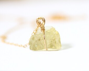 Lemon Quartz Necklace, Raw Gemstone Necklace, 30th Birthday Gift for Her, Gold Filled or Sterling Silver Wire Wrap, Raw Stone Jewelry