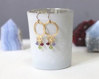 Small Gold Dangle Earrings, Colorful Gemstone Jewelry, Colorful Chandelier Earrings, Garnet, Tanzanite and Peridot, Multi Stone Earrings