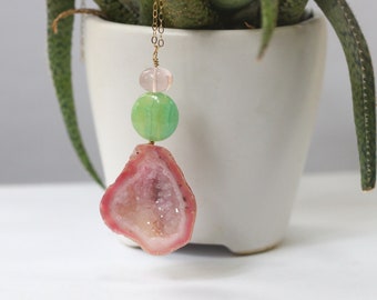 Pink Geode Necklace, Geode Statement Necklace, Large Druzy Pendant, Pink and Green Gold Filled Gemstone Jewelry, Birthday Gift for Mom