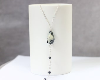 Dendrite Agate Necklace, Sterling Silver Y Necklace, Gemstone Lariat Necklace, Black and White Stone, Bohemian Jewelry, Black Spinel