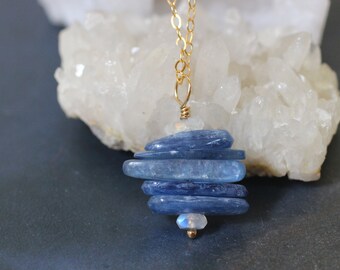 Kyanite Beaded Necklace, Far East Jewelry, Blue Kyanite Necklace, Handmade Gemstone Pendant with Rainbow Moonstone, Kyanite Pendant Necklace