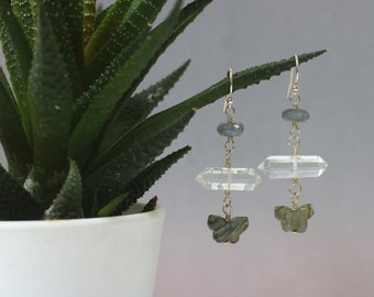 Sterling Silver Butterfly Earrings, Labradorite Dangle Earrings, Natural Quartz Crystal Jewelry, Labradorite Earrings Sterling