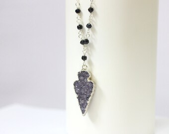 Silver Arrowhead Necklace, Black Spinel and Purple Druzy on Sterling Silver Chain, Arrowhead Pendant, Raw Crystal Necklace, Wire Wrap