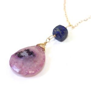 Solar Quartz Necklace, Pink Quartz Pendant, Unique Gifts for Sisters, Lapis Lazuli Sterling Silver Necklace, Teardrop Crystal Necklace image 3