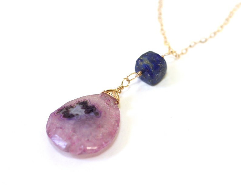 Solar Quartz Necklace, Pink Quartz Pendant, Unique Gifts for Sisters, Lapis Lazuli Sterling Silver Necklace, Teardrop Crystal Necklace image 3
