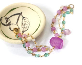 Multi Gemstone Bracelet, Apatite, Lilac Quartz, Semi Precious Stone Bracelet, Chalcedony Bracelet, 50th Birthday Gift for Women Jewelry