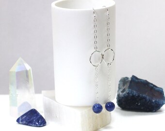 Sodalite Earrings, Deep Blue Earrings, Sterling Silver Gemstone Jewelry, Silver Hammered Circle Earrings, Gift for Creatives