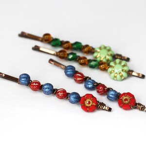 Flower Bobby Pins with Red and Blue or Green and Brown Beads, Embellished Bobby Pins, Floral Hair Pins, Hair Jewelry Small Gifts