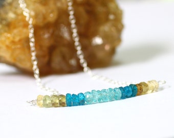 Blue Apatite Necklace, Colorful Gemstone Jewelry, Yellow Apatite, Gemstone Choker Necklace, Silver or Gold, Dainty Jewelry for Women