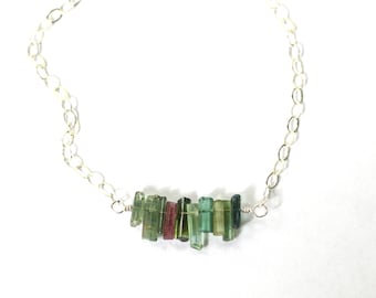 Green Tourmaline Necklace, October Birthstone, Crystal Stick Pendant, Crystal Points, Dainty Gemstone Jewelry, Tourmaline Crystal Necklace